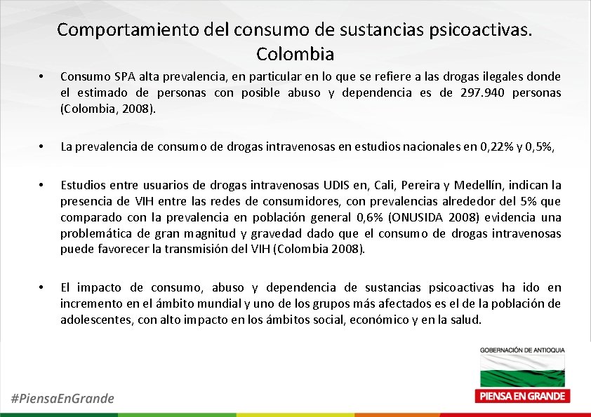 Comportamiento del consumo de sustancias psicoactivas. Colombia • Consumo SPA alta prevalencia, en particular