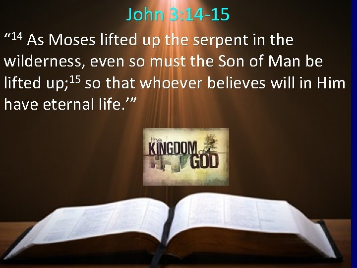 John 3: 14 -15 “ 14 As Moses lifted up the serpent in the