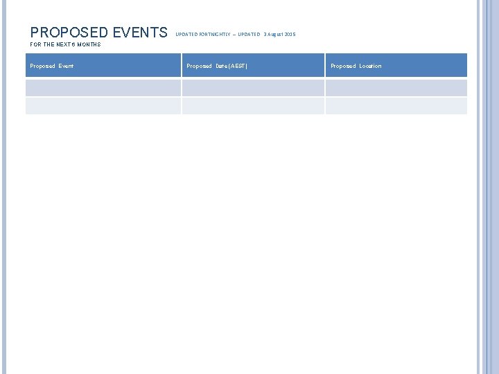 PROPOSED EVENTS UPDATED FORTNIGHTLY – UPDATED 3 August 2015 FOR THE NEXT 6 MONTHS