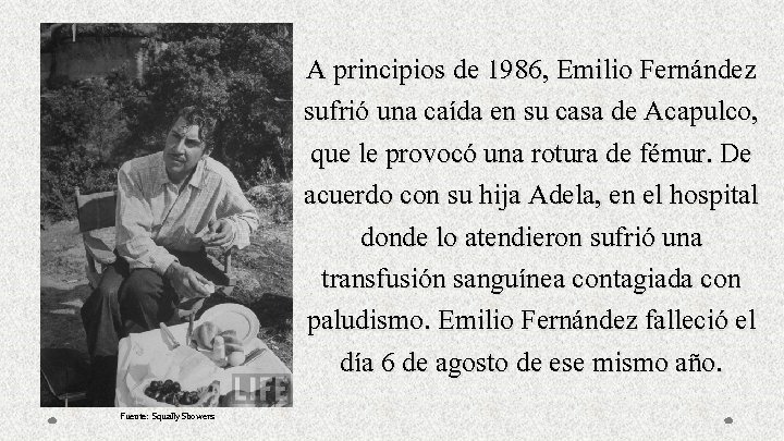 A principios de 1986, Emilio Fernández sufrió una caída en su casa de Acapulco,