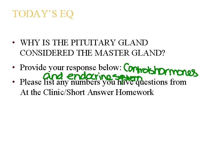 TODAY’S EQ • WHY IS THE PITUITARY GLAND CONSIDERED THE MASTER GLAND? • Provide