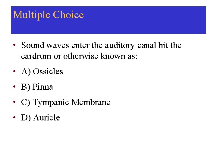 Multiple Choice • Sound waves enter the auditory canal hit the eardrum or otherwise