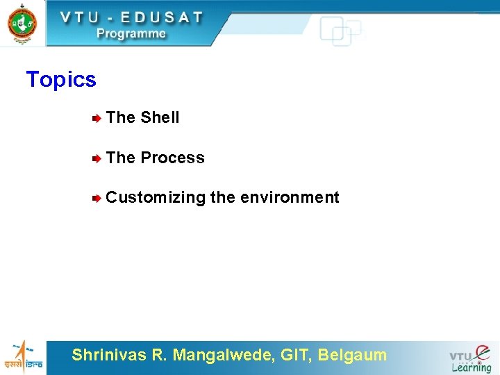 Topics The Shell The Process Customizing the environment Shrinivas R. Mangalwede, GIT, Belgaum 