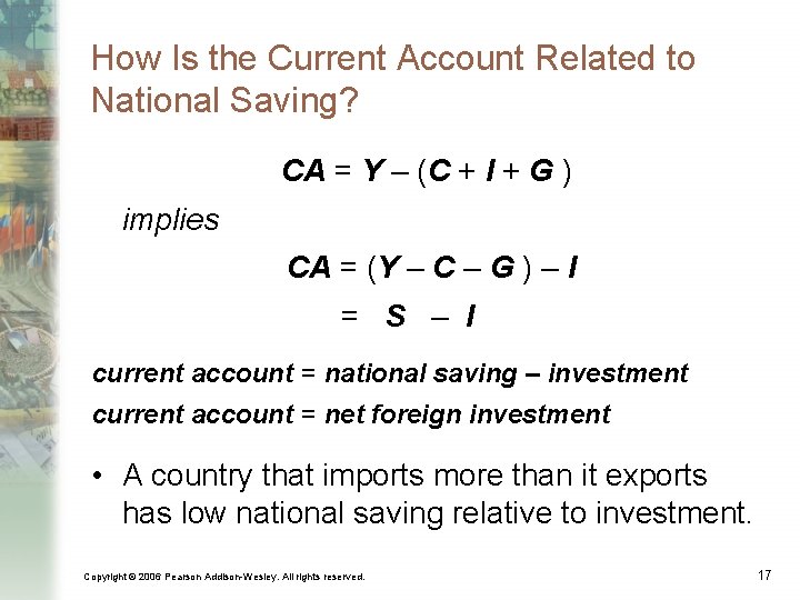 How Is the Current Account Related to National Saving? CA = Y – (C