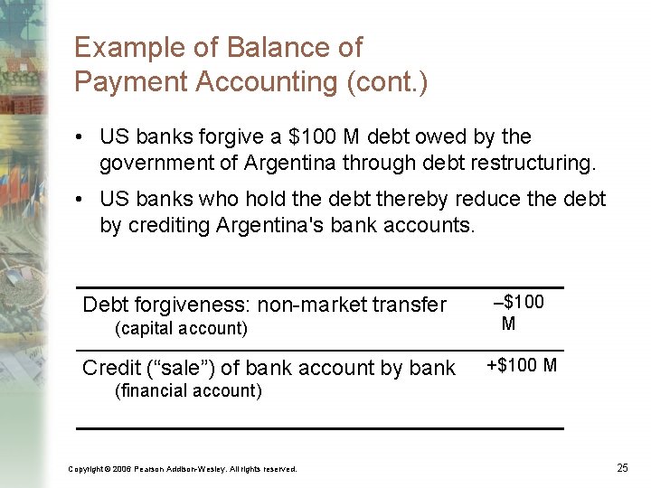 Example of Balance of Payment Accounting (cont. ) • US banks forgive a $100