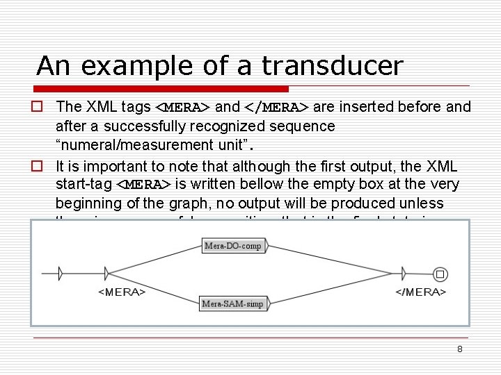 An example of a transducer o The XML tags <MERA> and </MERA> are inserted