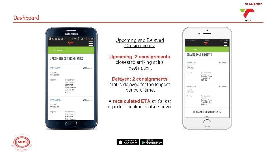 Dashboard Upcoming and Delayed Consignments: Upcoming: 2 consignments closest to arriving at it’s destination.