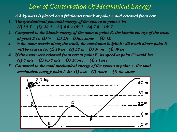 Law of Conservation Of Mechanical Energy 1. 2. 3. 4. 5. A 2 kg