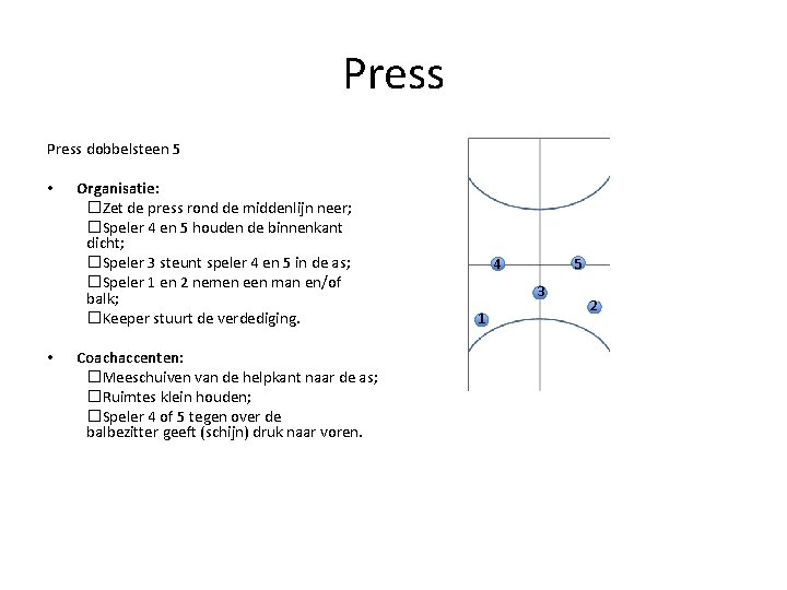 Press dobbelsteen 5 • • Organisatie: � Zet de press rond de middenlijn neer;