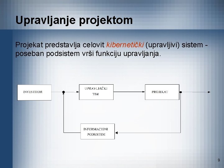 Upravljanje projektom Projekat predstavlja celovit kibernetički (upravljivi) sistem poseban podsistem vrši funkciju upravljanja. 9