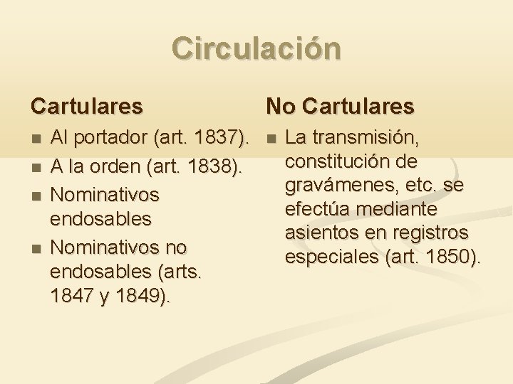 Circulación Cartulares Al portador (art. 1837). A la orden (art. 1838). Nominativos endosables Nominativos