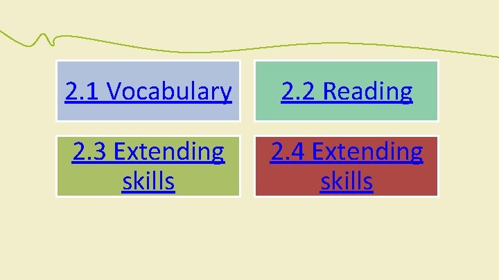 2. 1 Vocabulary 2. 2 Reading 2. 3 Extending skills 2. 4 Extending skills