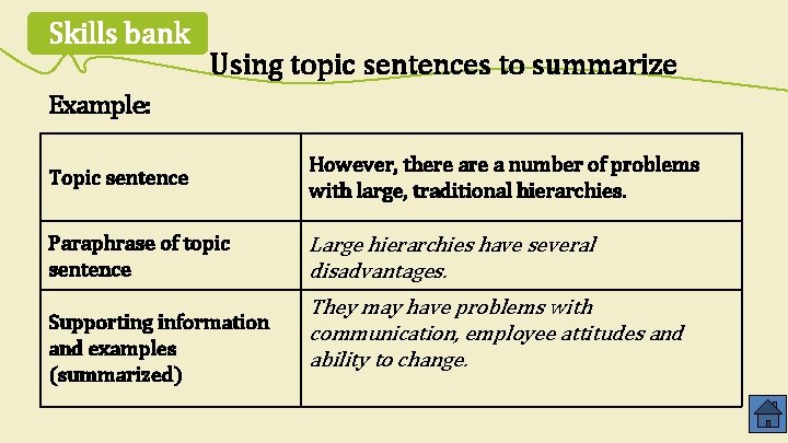Skills bank Using topic sentences to summarize Example: Topic sentence However, there a number