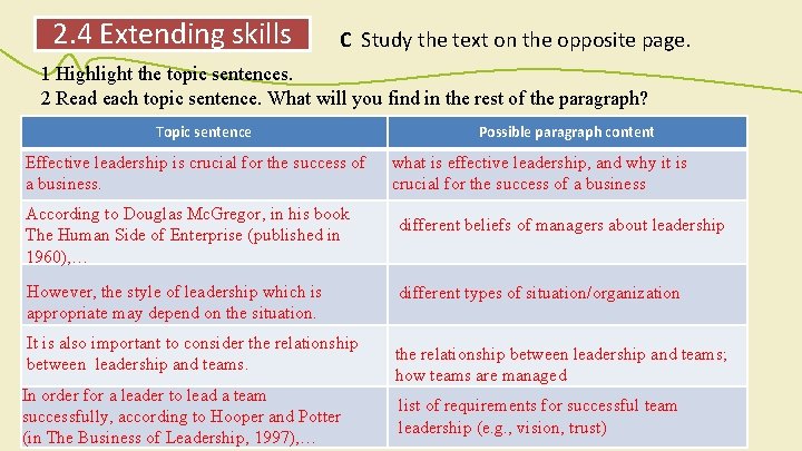 2. 4 Extending skills C Study the text on the opposite page. 1 Highlight
