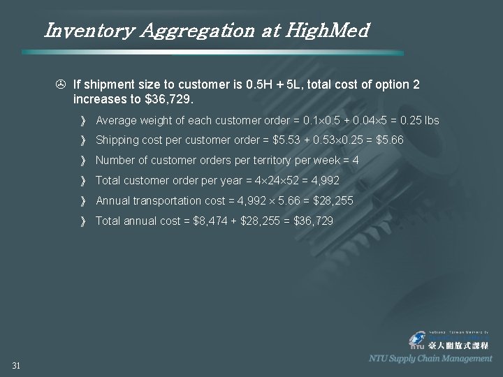 Inventory Aggregation at High. Med > If shipment size to customer is 0. 5