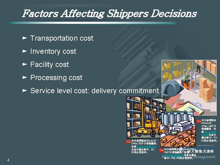 Factors Affecting Shippers Decisions ► Transportation cost ► Inventory cost ► Facility cost ►