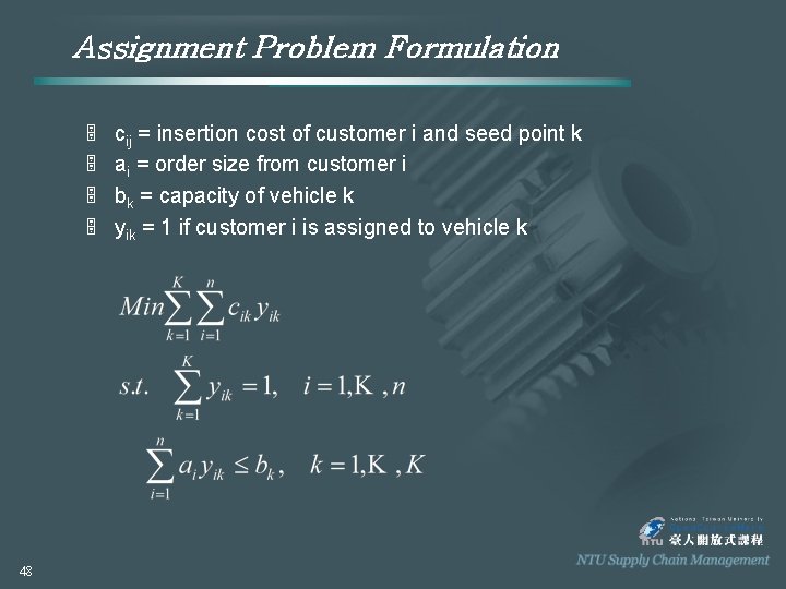 Assignment Problem Formulation 5 5 48 cij = insertion cost of customer i and