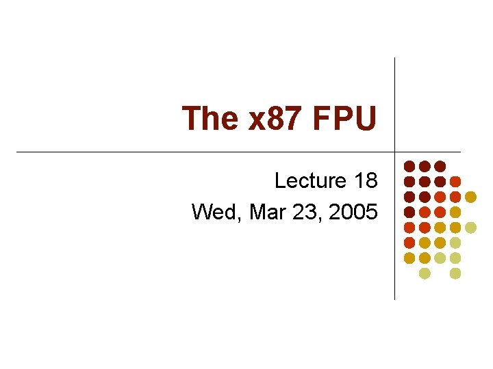 The x 87 FPU Lecture 18 Wed, Mar 23, 2005 