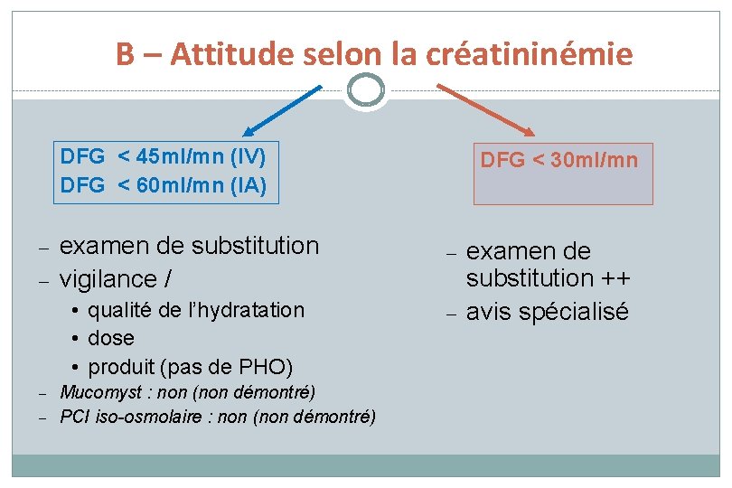 B – Attitude selon la créatininémie DFG < 45 ml/mn (IV) DFG < 60