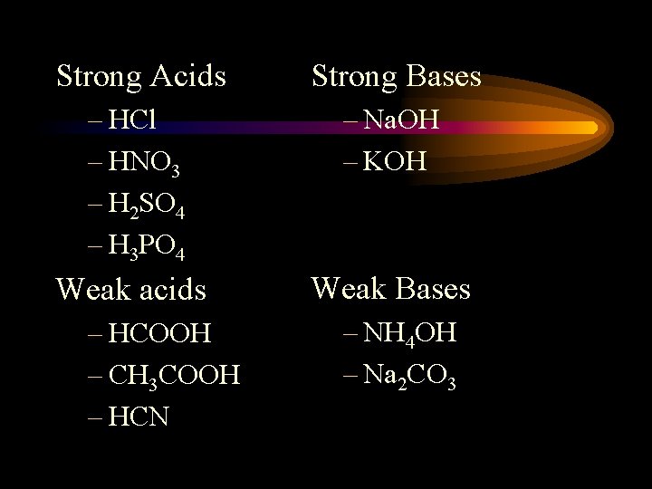 Strong Acids Strong Bases – HCl – HNO 3 – H 2 SO 4