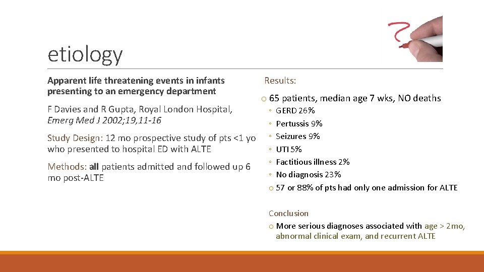 etiology Apparent life threatening events in infants presenting to an emergency department F Davies