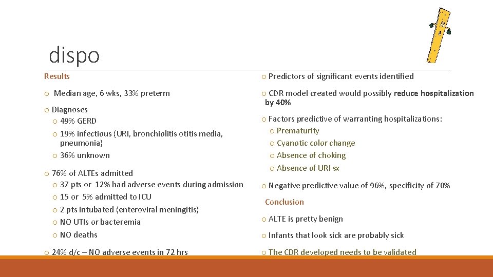 dispo Results o Predictors of significant events identified o Median age, 6 wks, 33%
