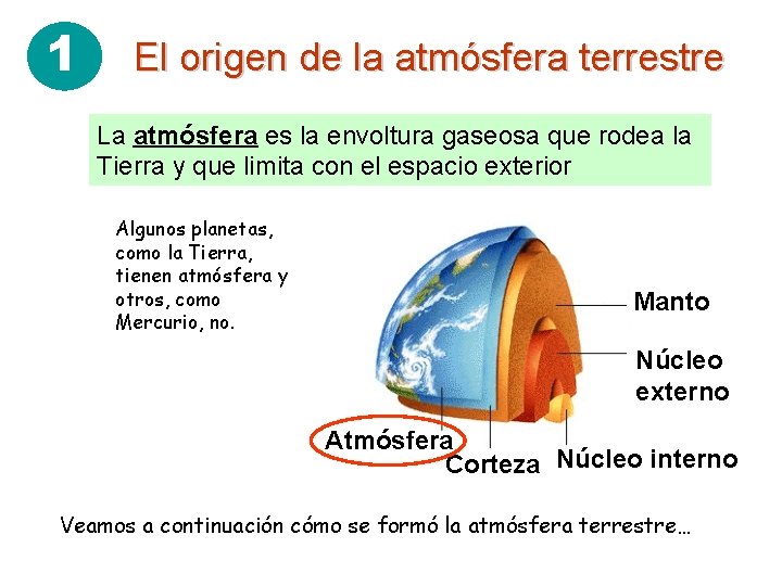 1 El origen de la atmósfera terrestre La atmósfera es la envoltura gaseosa que