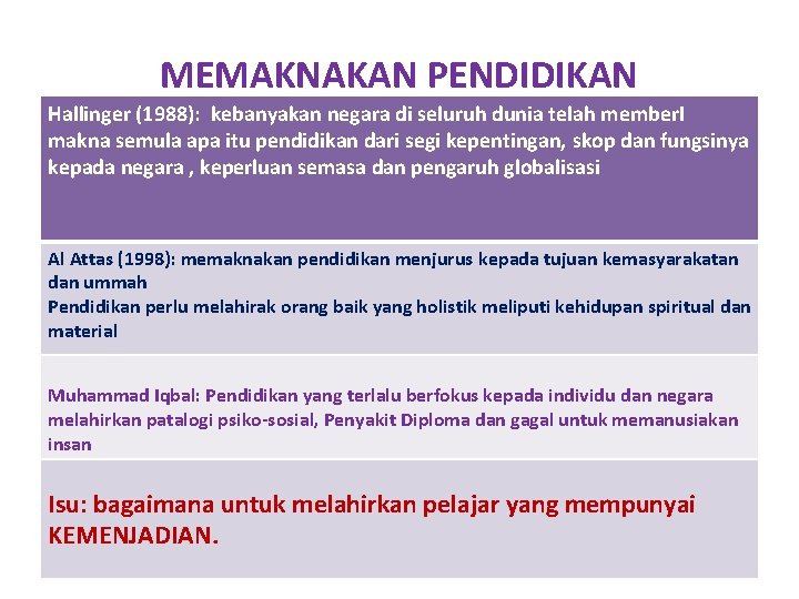 MEMAKNAKAN PENDIDIKAN Hallinger (1988): kebanyakan negara di seluruh dunia telah member. I makna semula
