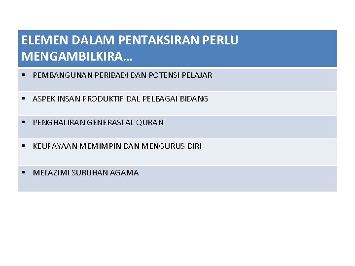 ELEMEN DALAM PENTAKSIRAN PERLU MENGAMBILKIRA… § PEMBANGUNAN PERIBADI DAN POTENSI PELAJAR § ASPEK INSAN