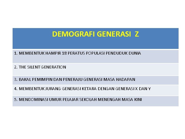 DEMOGRAFI GENERASI Z 1. MEMBENTUK HAMPIR 18 PERATUS POPULASI PENDUDUK DUNIA 2. THE SILENT