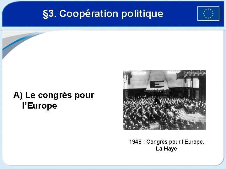 § 3. Coopération politique A) Le congrès pour l’Europe 1948 : Congrès pour l’Europe,