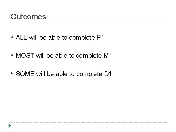 Outcomes ALL will be able to complete P 1 MOST will be able to