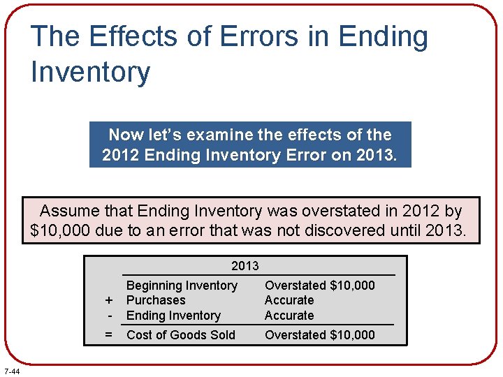 The Effects of Errors in Ending Inventory Now let’s examine the effects of the