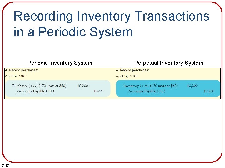 Recording Inventory Transactions in a Periodic System Periodic Inventory System 7 -47 Perpetual Inventory