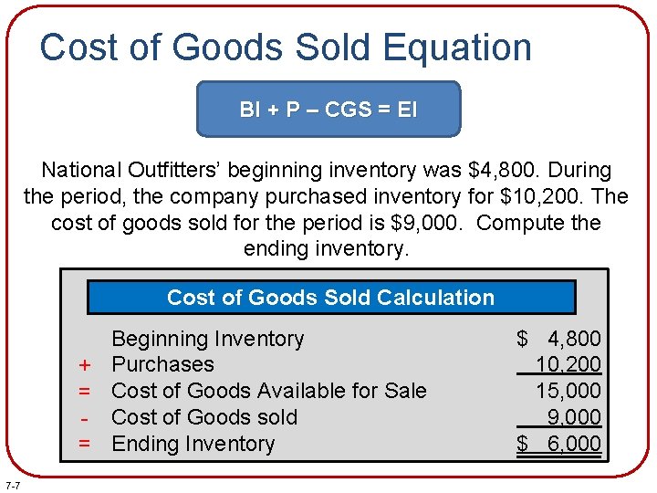 Cost of Goods Sold Equation BI + P – CGS = EI National Outfitters’