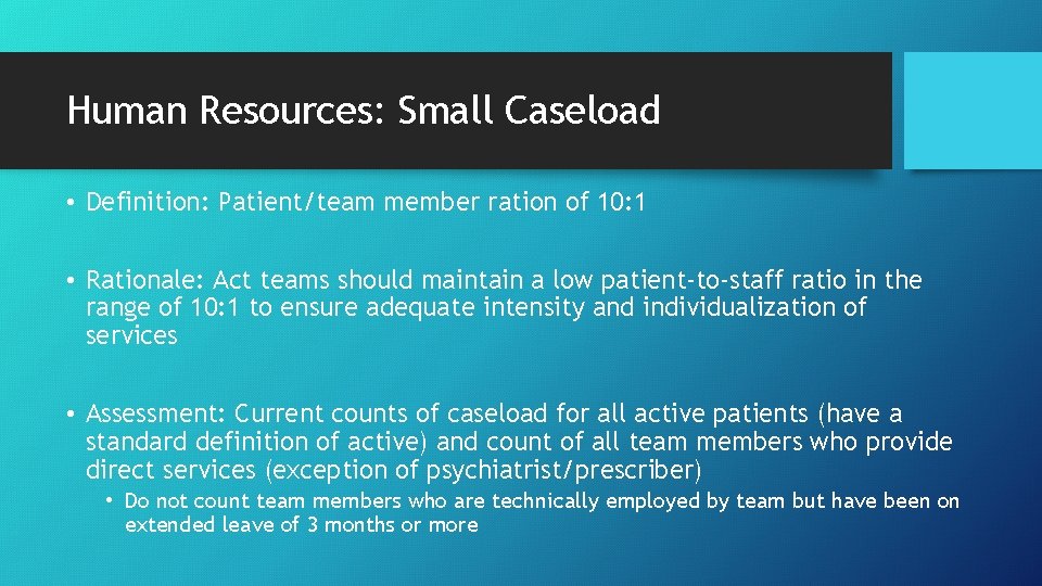 Human Resources: Small Caseload • Definition: Patient/team member ration of 10: 1 • Rationale: