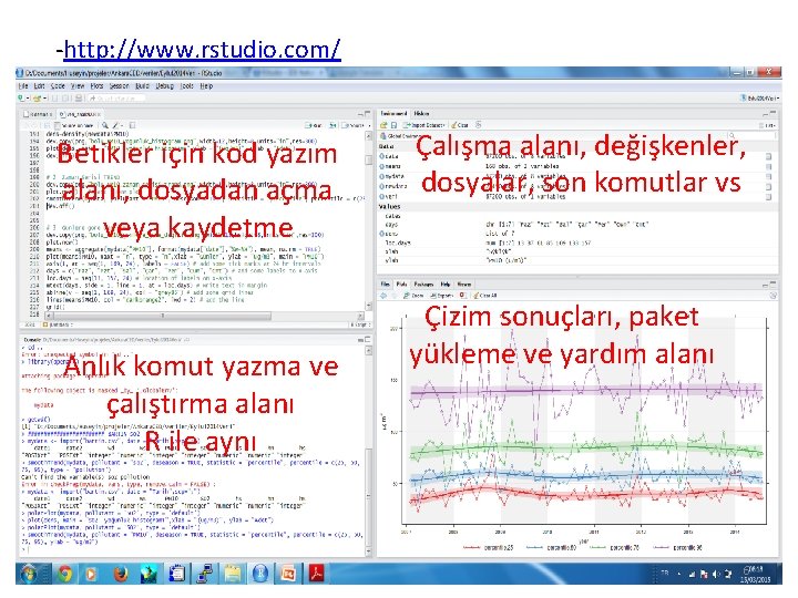 -http: //www. rstudio. com/ Betikler için kod yazım alanı, dosyadan açma veya kaydetme Anlık