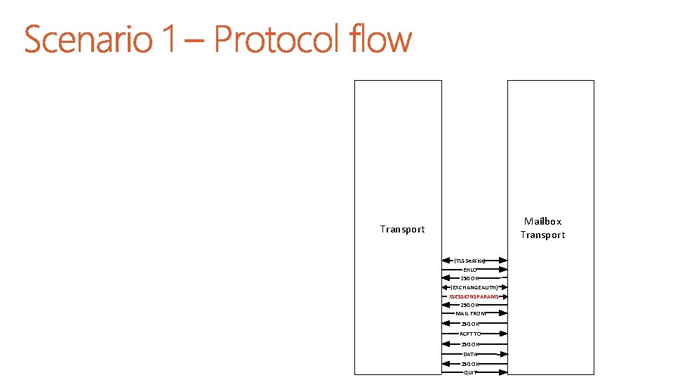 Mailbox Transport (TLS Session) EHLO 250 OK (EXCHANGEAUTH) XSESSIONSPARAMS 250 OK MAIL FROM 250