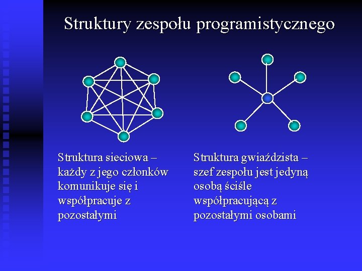 Struktury zespołu programistycznego Struktura sieciowa – każdy z jego członków komunikuje się i współpracuje
