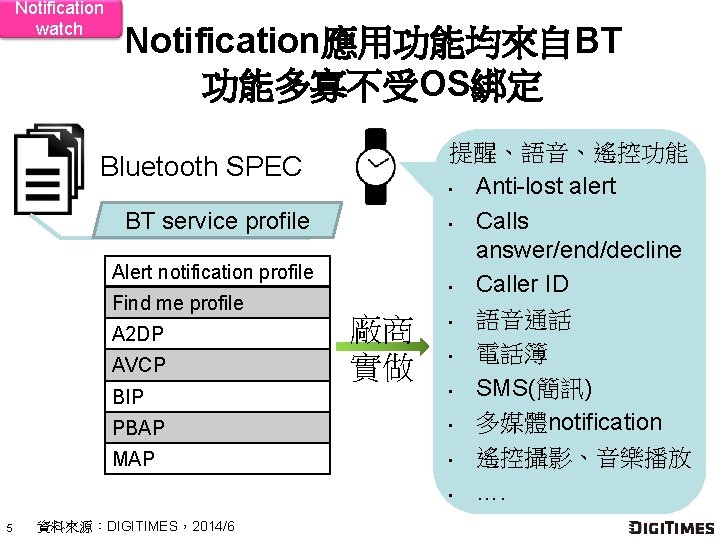 Notification watch Notification應用功能均來自BT 功能多寡不受OS綁定 Bluetooth SPEC BT service profile Alert notification profile Find me