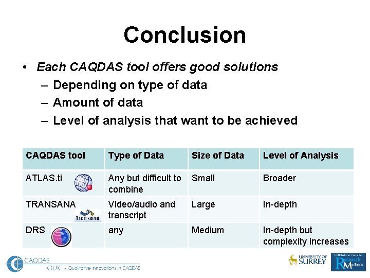 Conclusion • Each CAQDAS tool offers good solutions – Depending on type of data