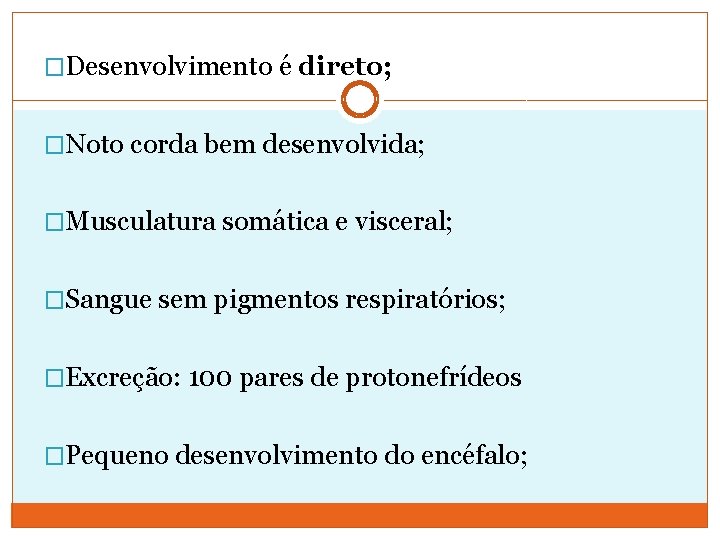 �Desenvolvimento é direto; �Noto corda bem desenvolvida; �Musculatura somática e visceral; �Sangue sem pigmentos