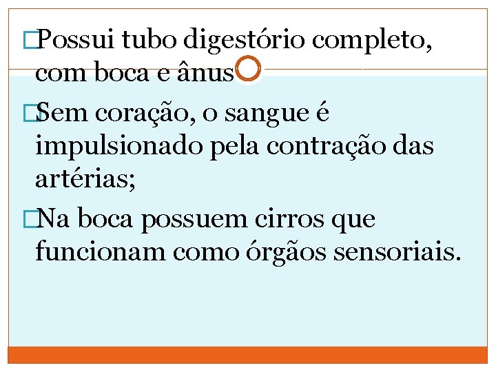 �Possui tubo digestório completo, com boca e ânus �Sem coração, o sangue é impulsionado