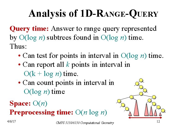 Analysis of 1 D-RANGE-QUERY Query time: Answer to range query represented by O(log n)