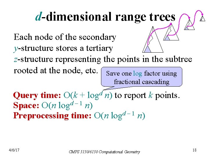 d-dimensional range trees Each node of the secondary y-structure stores a tertiary z-structure representing