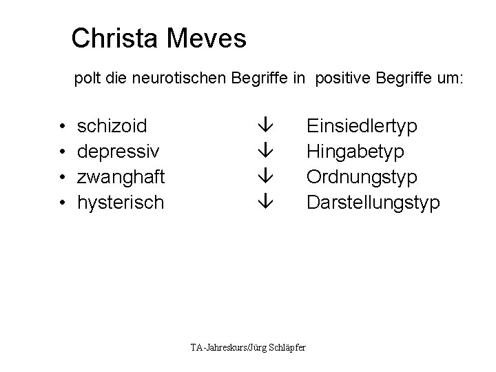 Christa Meves polt die neurotischen Begriffe in positive Begriffe um: • • schizoid depressiv