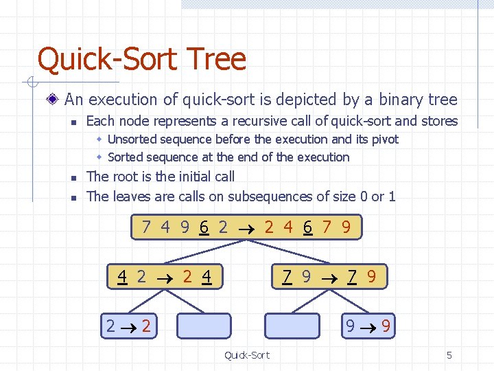 Quick-Sort Tree An execution of quick-sort is depicted by a binary tree n Each