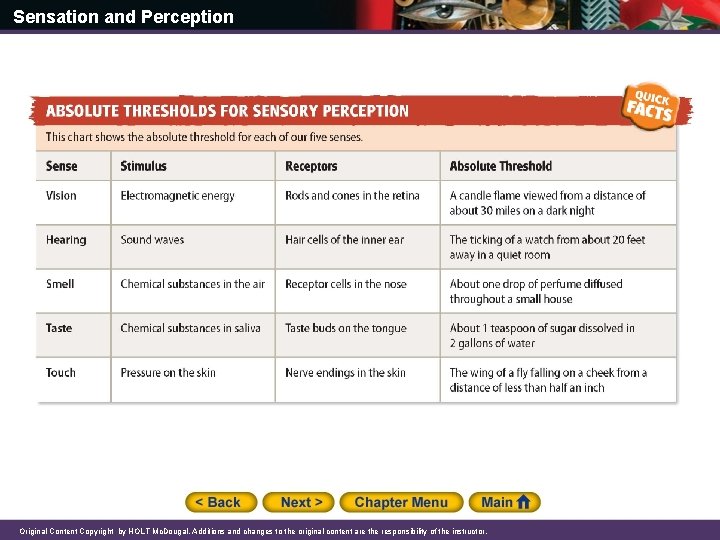Sensation and Perception Original Content Copyright by HOLT Mc. Dougal. Additions and changes to
