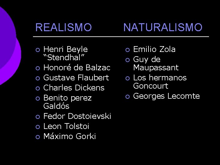 REALISMO ¡ ¡ ¡ ¡ Henri Beyle “Stendhal” Honoré de Balzac Gustave Flaubert Charles