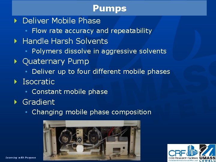 Pumps Deliver Mobile Phase • Flow rate accuracy and repeatability Handle Harsh Solvents •